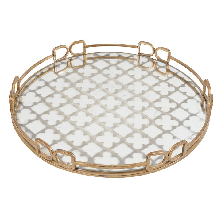 Sui 18 Inch Round Decorative Tray, Glass Bottom and Gold Geometric Frame-Benzara