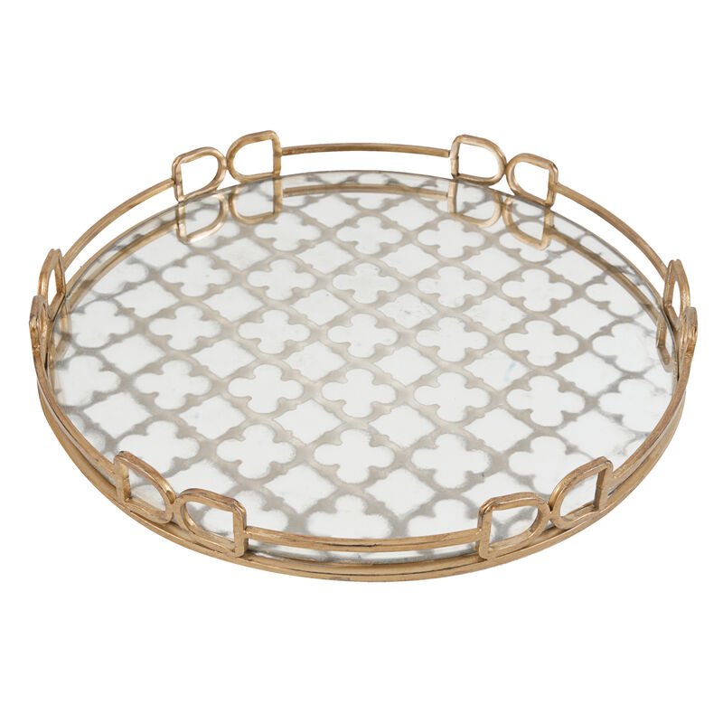 Sui 18 Inch Round Decorative Tray, Glass Bottom and Gold Geometric Frame-Benzara