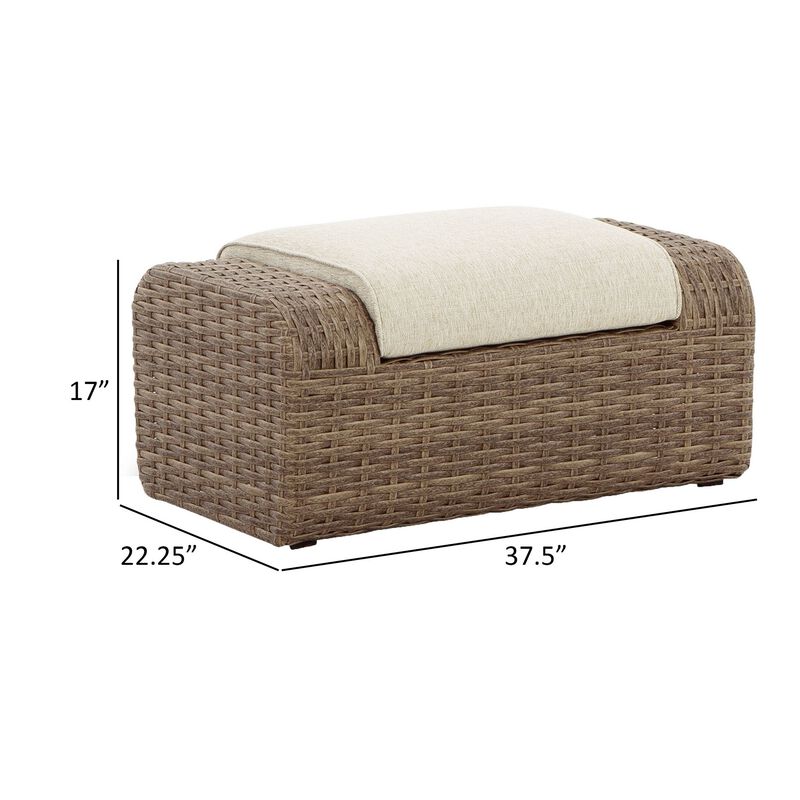 Julia 38 Inch Outdoor Ottoman with Cushion, Resin Wicker, Beige Fabric - Benzara