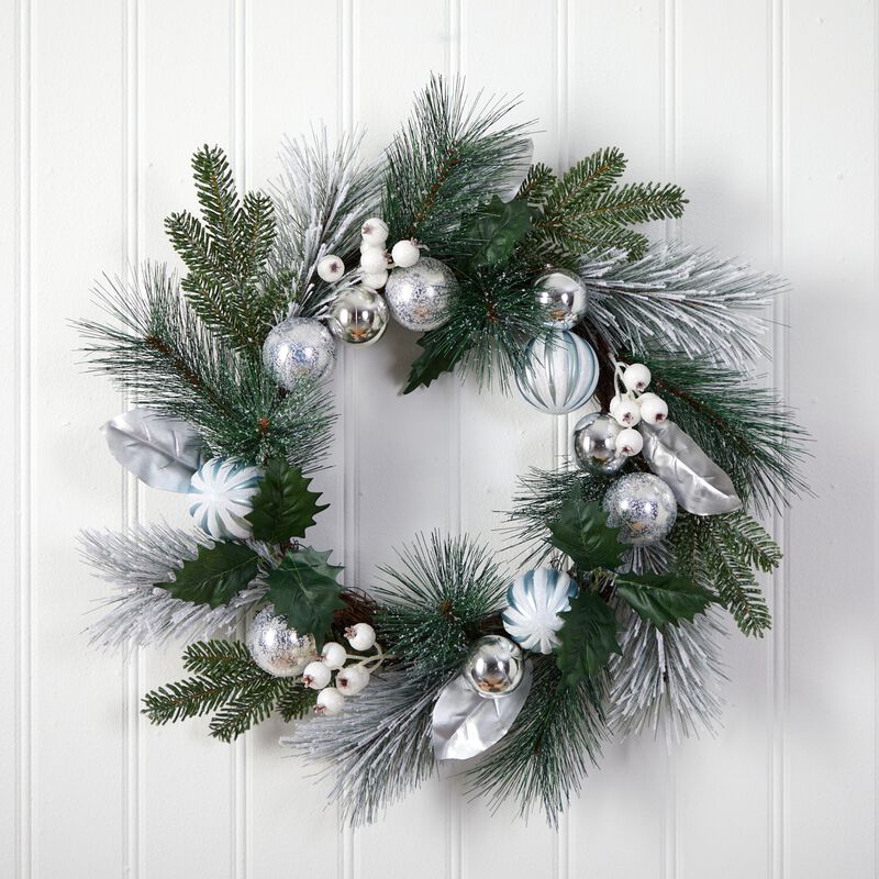 Hivvago 24" Pinecones and Berries Christmas Artificial Wreath with Silver Ornaments