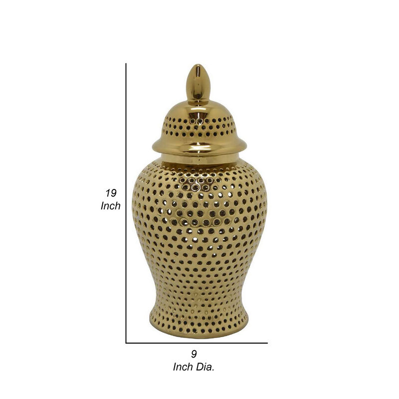 Deni 19 Inch Temple Jar, Small Carved Cut Out Lattice, Lid, Gold Ceramic - Benzara