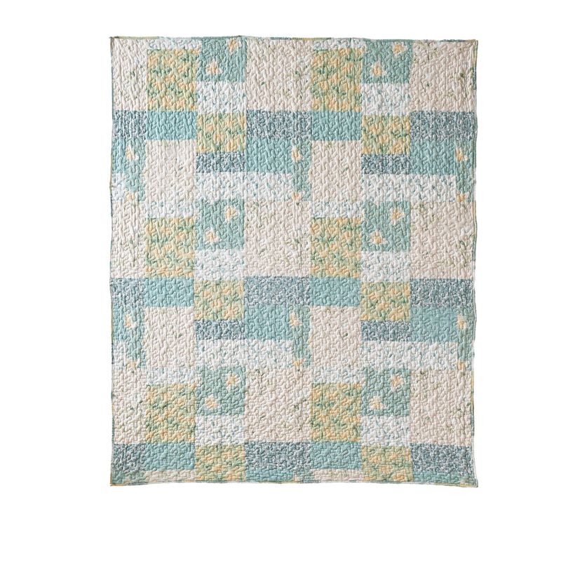 Evane Quilted Throw Blanket with Floral Design, Mist Blue and White Cotton