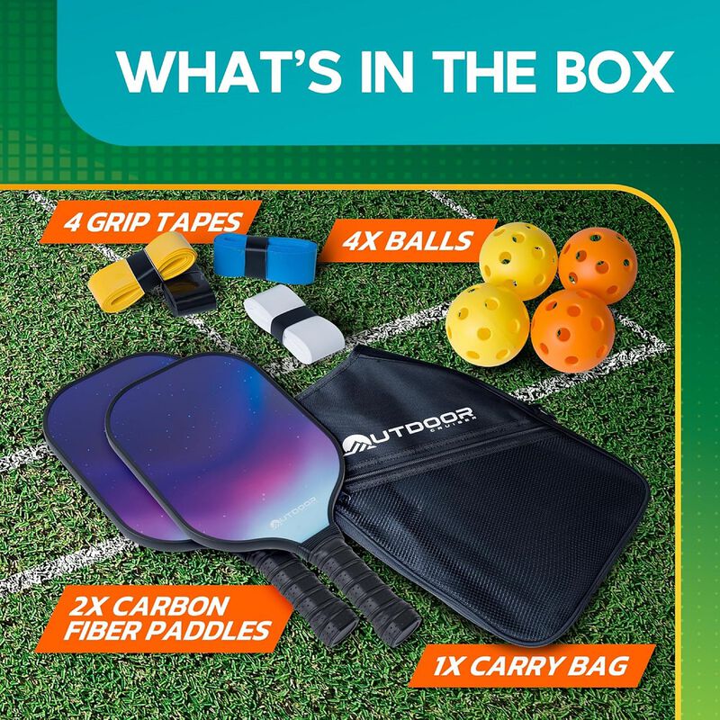 Outdoor Cruiser Pickleball Paddle Set – USAPA Approved, Premium Fiberglass Paddles with Lightweight Shock-Absorbing Grip, Includes 2 Rackets, 4 Balls, Grip Tapes, and Sling Carry Bag