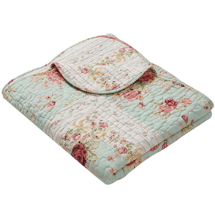 Greenland Home Antique Rose Floral and Pinstripe Print with Dainty Scrolling Floral Throw 50"x60" Blue