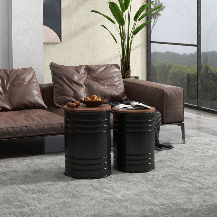 Round Storage Ottoman Set: Nesting, Wooden Lid, Metal Frame