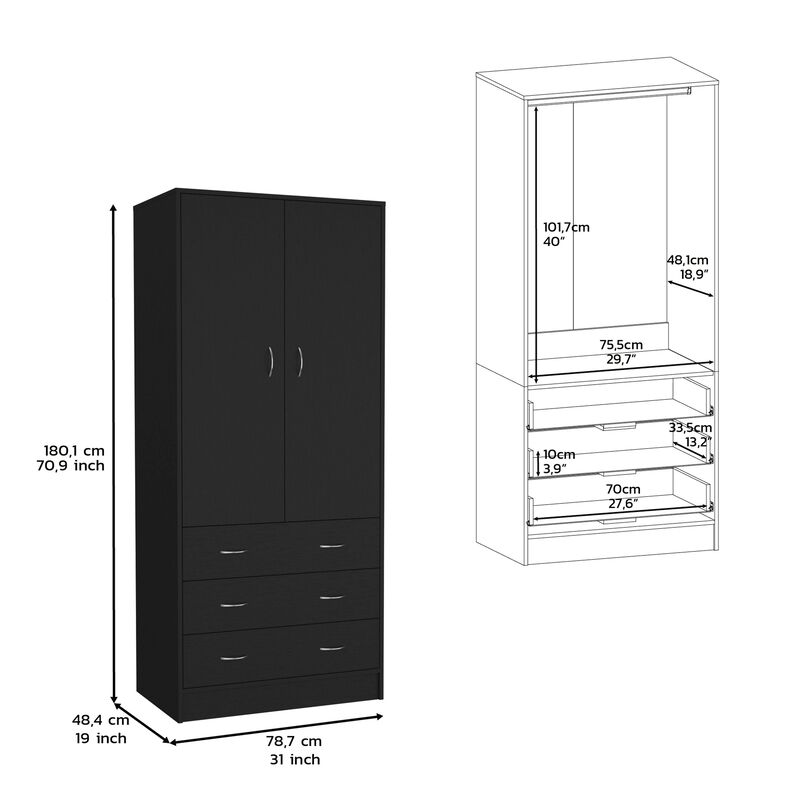 Melfa 71" H Armoire, with 2 doors, 3 drawers and 1 hanging rod, White,Bedroom