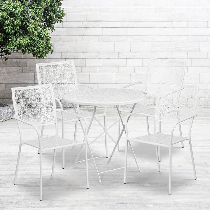Flash Furniture Oia Commercial Grade 30" Round White Indoor-Outdoor Steel Folding Patio Table Set with 4 Square Back Chairs