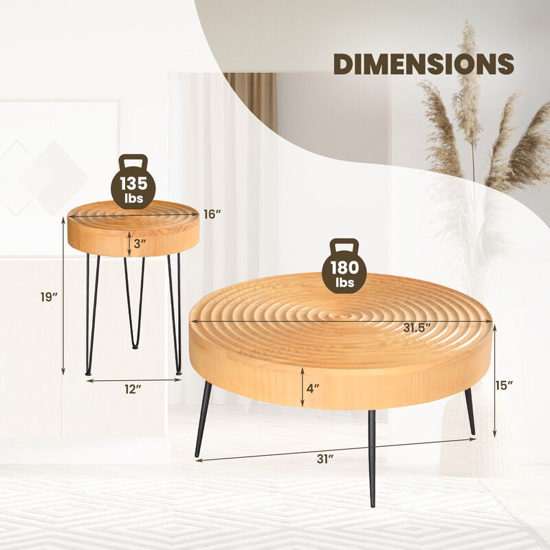 Set of 2 Wooden Coffee Table with Metal Legs and Adjustable Foot Pads
