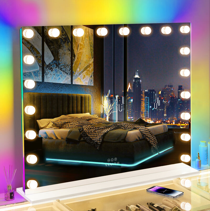 39''*31.4'' Vanity Mirror 20 LED Bulbs Wall Mount USB PortWhite