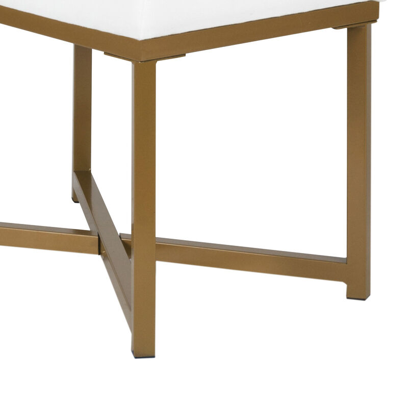 Metal Framed Bench with Button Tufted Velvet Upholstered Seat, White and Gold - Benzara