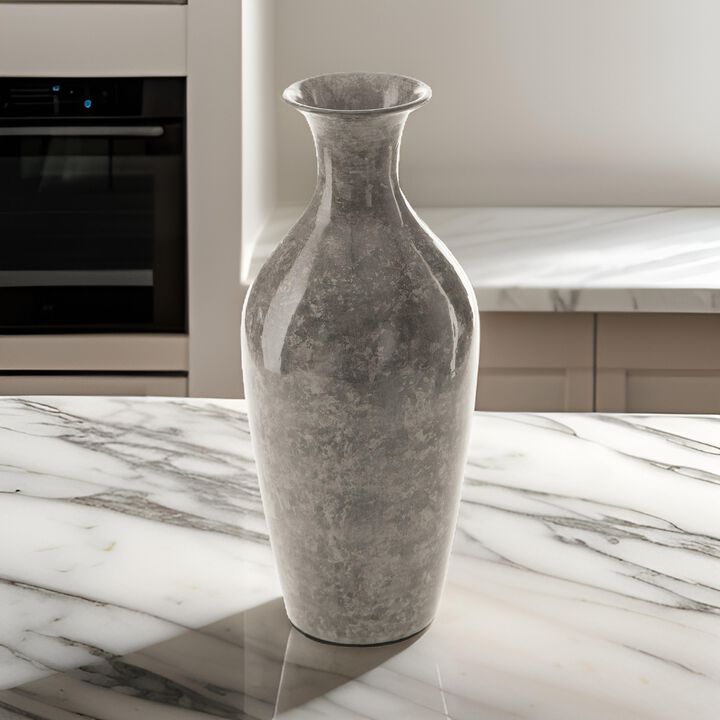 Rock 12 Inch Flower Vase, Decorative Thin Neck, High Gloss Gray Finish - Benzara