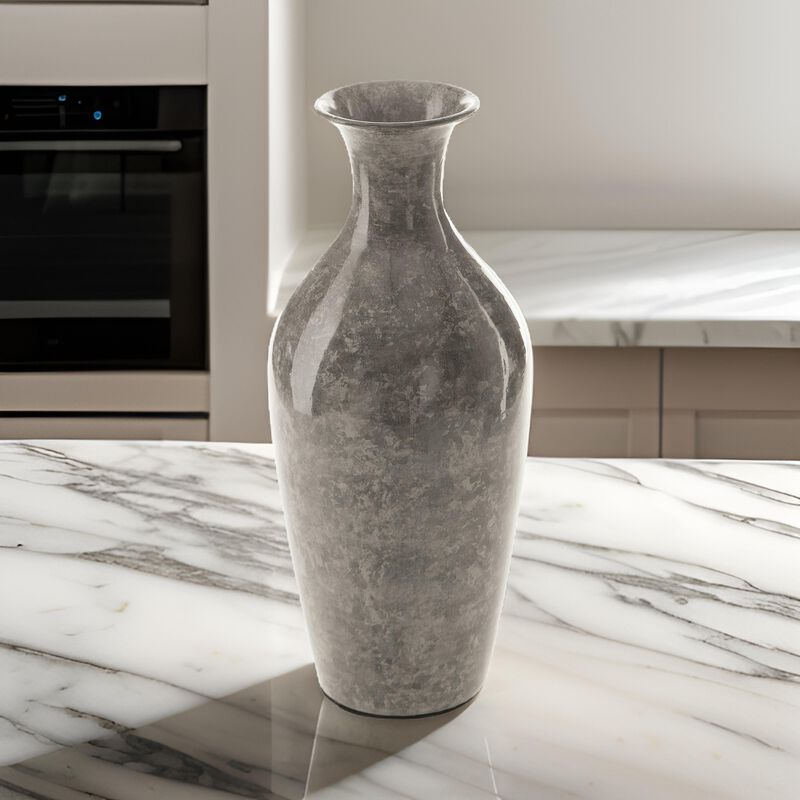 Rock 12 Inch Flower Vase, Decorative Thin Neck, High Gloss Gray Finish - Benzara