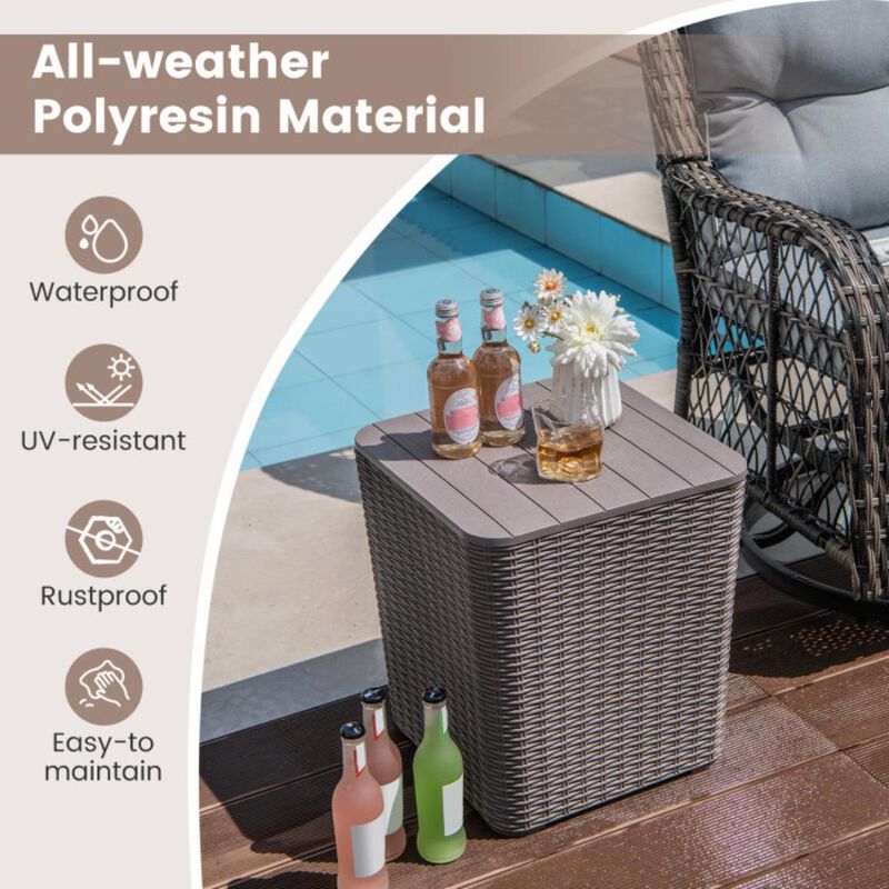 Hivvago Outdoor Resin Storage Side Table with Removable Lid and Wicker-woven Accent