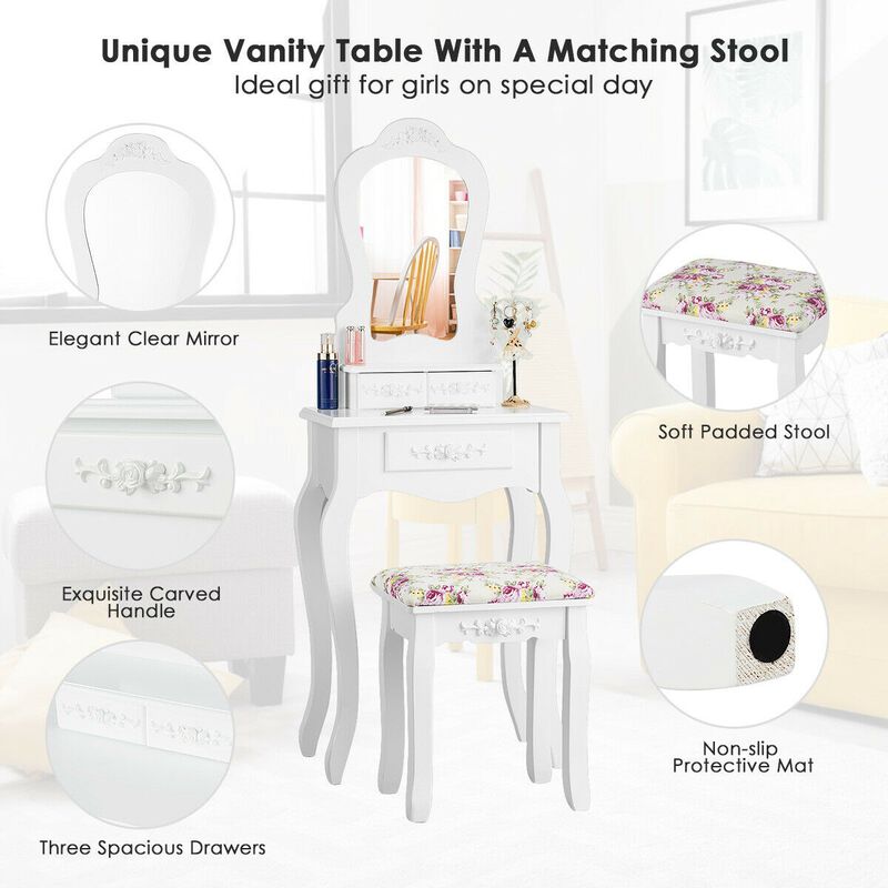Makeup Dressing Table and Bench 3 Drawers and Cushioned Stool for Girls