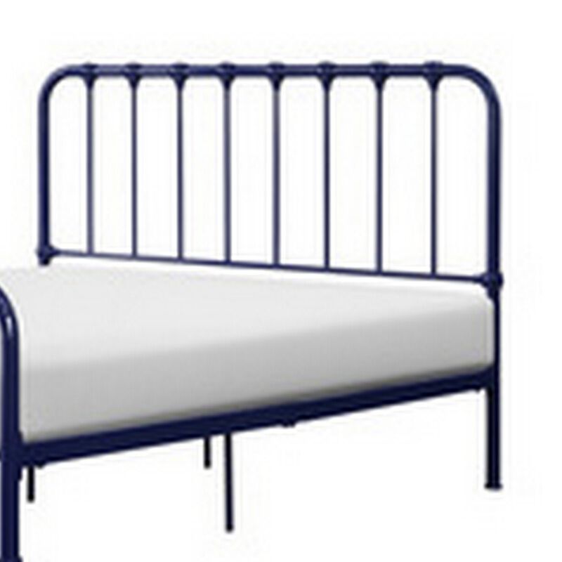 Ethan Queen Size Bed, Classic Open Slatted Metal Frame Design, Blue - Benzara