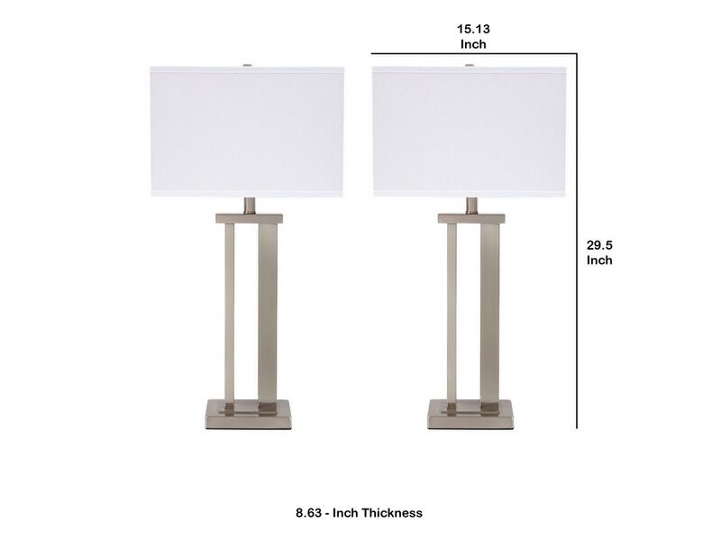 Metal Frame Table Lamp with Hardback Shade, Set of 2, White and Silver - Benzara