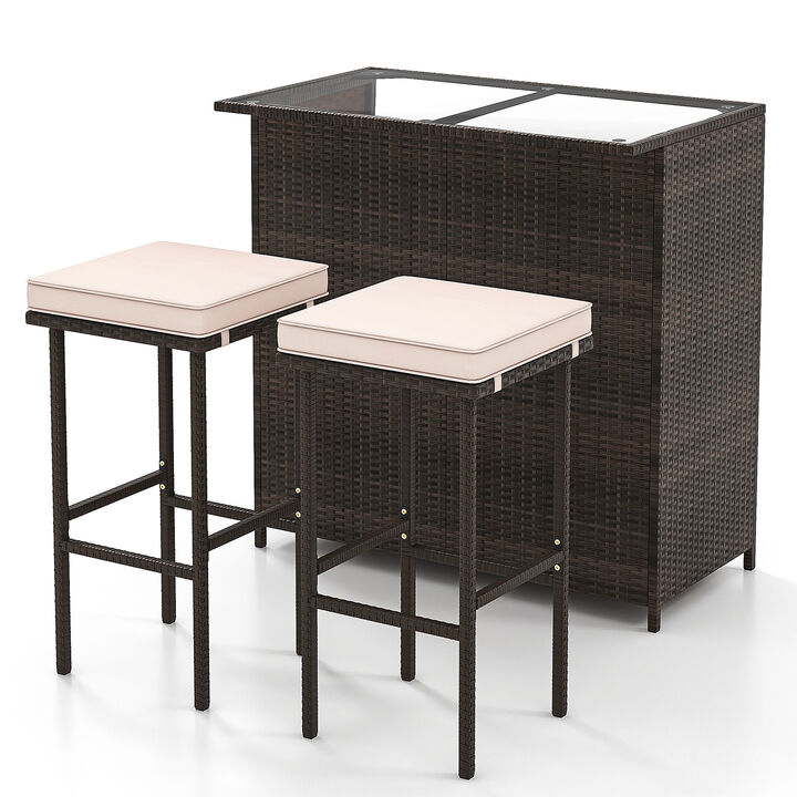 3 Pcs Patio Bar Set with Tempered Glass Tabletop