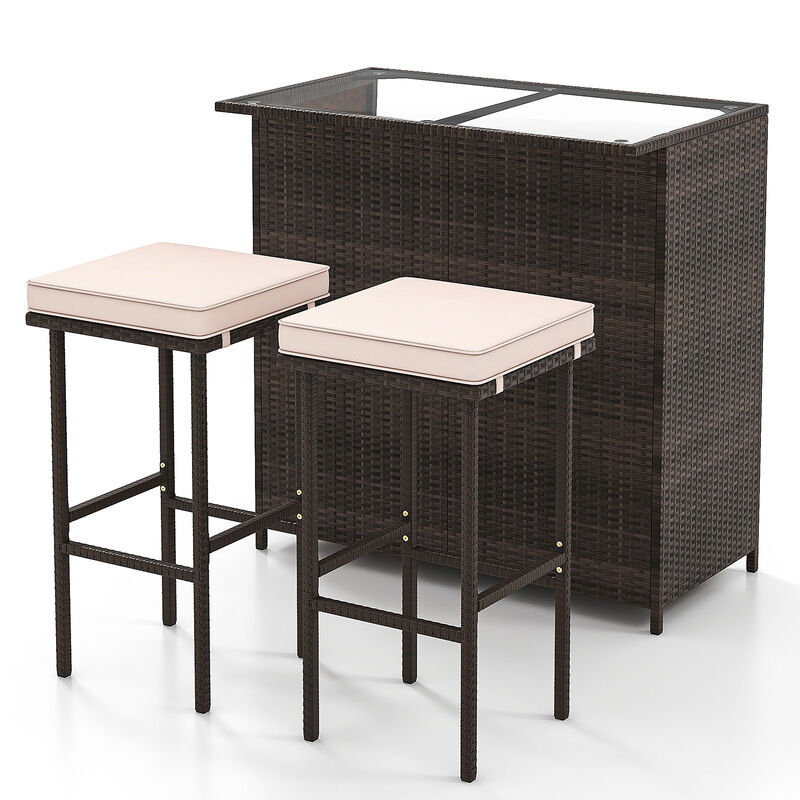 3 Pcs Patio Bar Set with Tempered Glass Tabletop