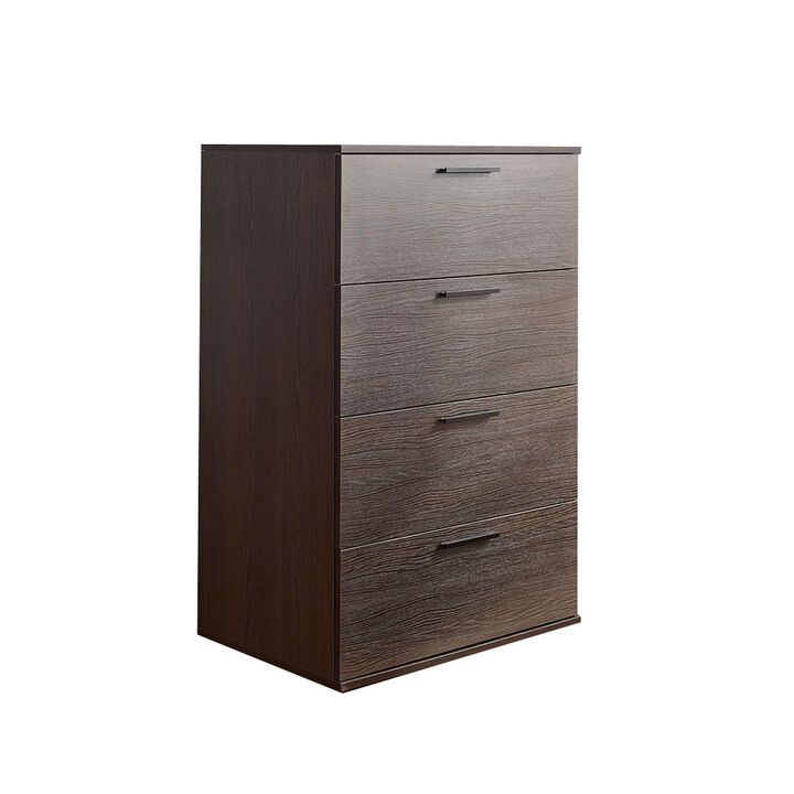 Levy Tall Dresser Chest, 4 Jumbo Drawers, Farmhouse Dark Brown Wood Finish - Benzara