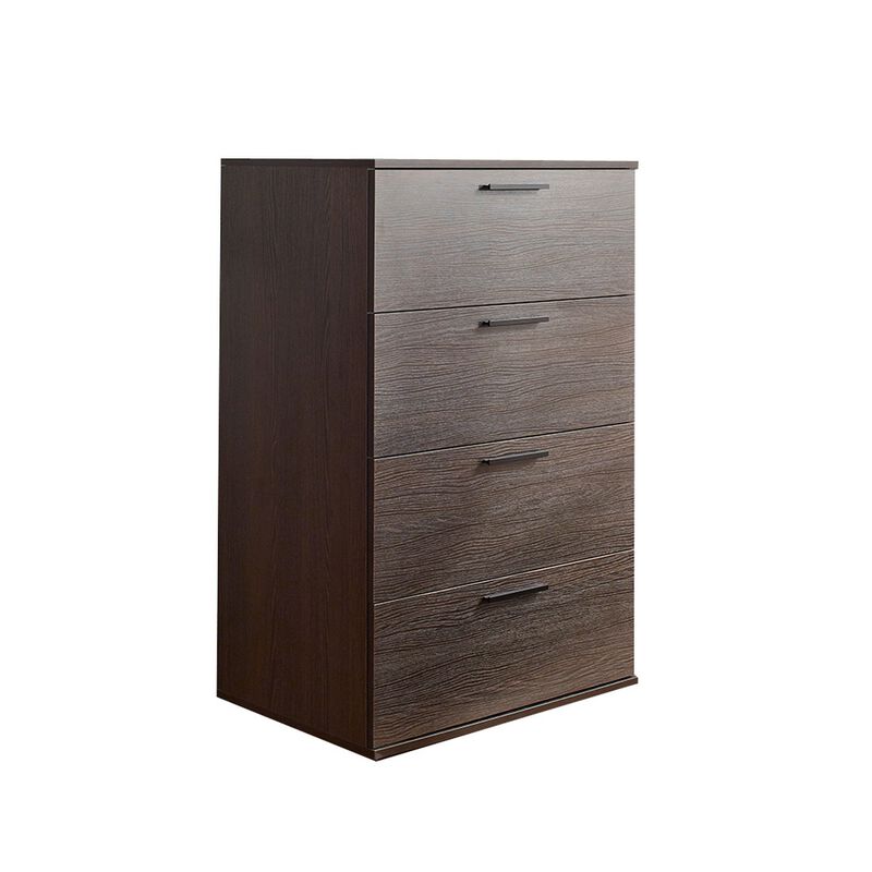 Levy Tall Dresser Chest, 4 Jumbo Drawers, Farmhouse Dark Brown Wood Finish - Benzara