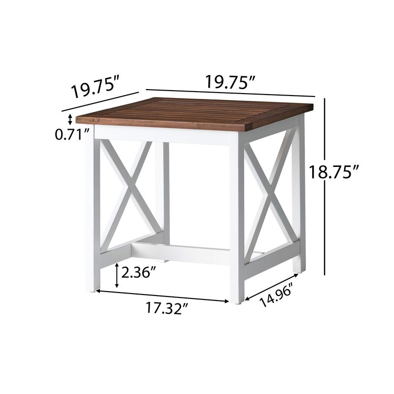 Side End Table, 20 Inch Square Rustic Farmhouse Brown White Wood - Benzara