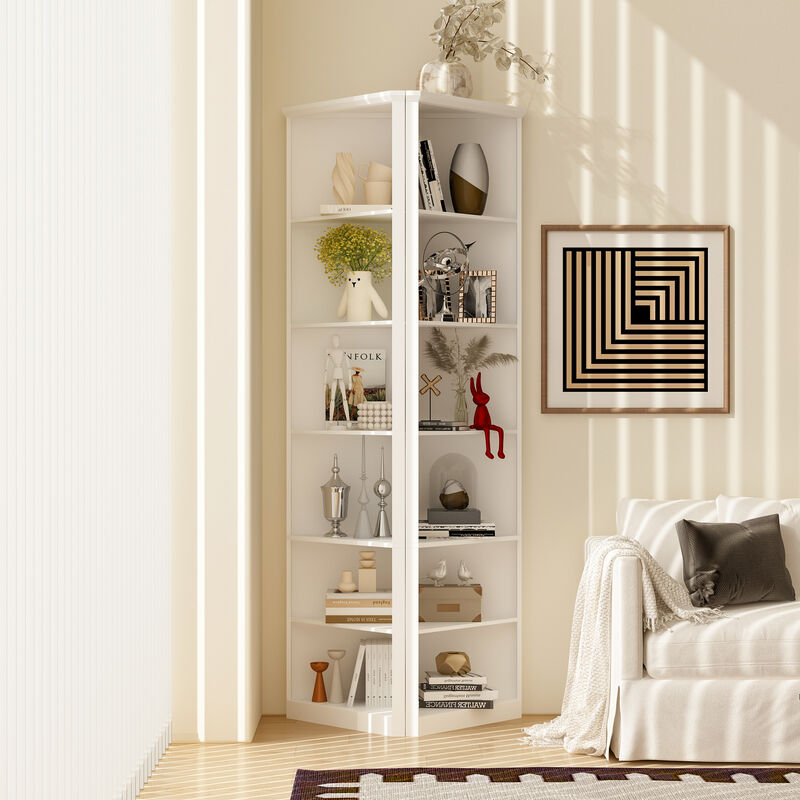 Modern Book Shelf Set of 2, 6 Tiered Corner Shelves, Small Corner Bookshelf for Small Spaces, Adjustable Tall Bookcase for Bathroom, Living Room, Office, White(31.5"x 13.9"x 78.7")