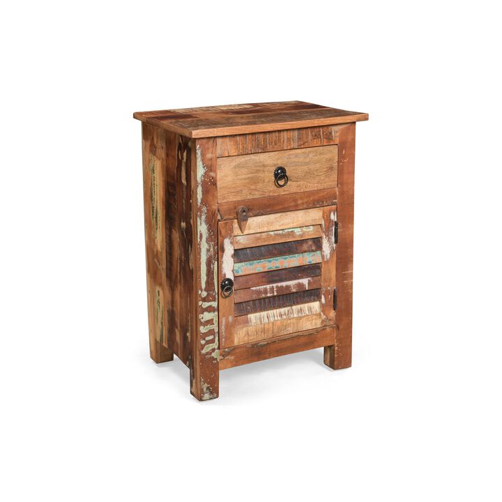 Side End Table, Storage, 25 Inch Black Metal, Natural Distressed Wood - Benzara