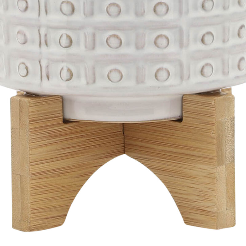 Ceramic 5" Dotted Planter with Wood Stand, Ivory