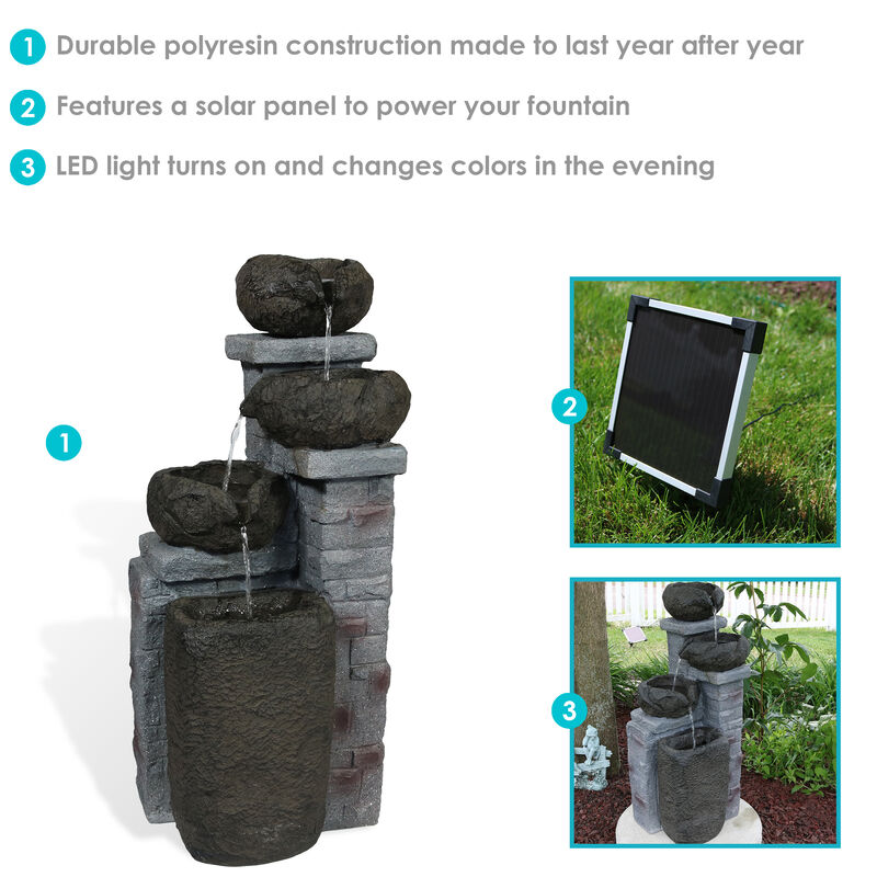 Sunnydaze Cascading Stone Bowl Solar Water Fountain with LED Lights - 27 in
