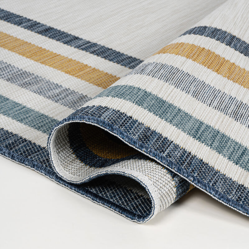 Coastal Mitred Stripe Reversible Machine-Washable Cream/Navy 2x8 Indoor/Outdoor Runner Rug