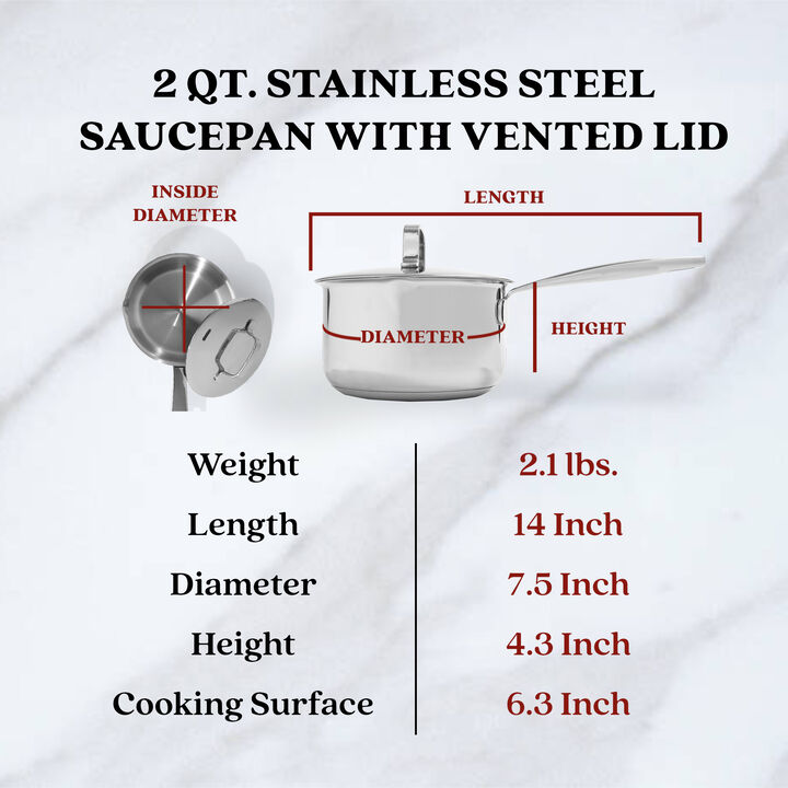 Alva Maestro 18/10 Stainless Steel Sauce Pan with Lid 2 Qt. 6" Scratch Resistant Pot with Pouring Spout Stay Cool Handle, Non Toxic, Compatible with All Stovetops, Oven Safe & Induction Safe