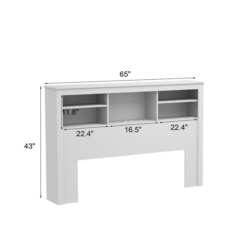 White Full Queen Wood Headboard Shelf with Socket Adapter USB Interface, Shelves and LED Lights
