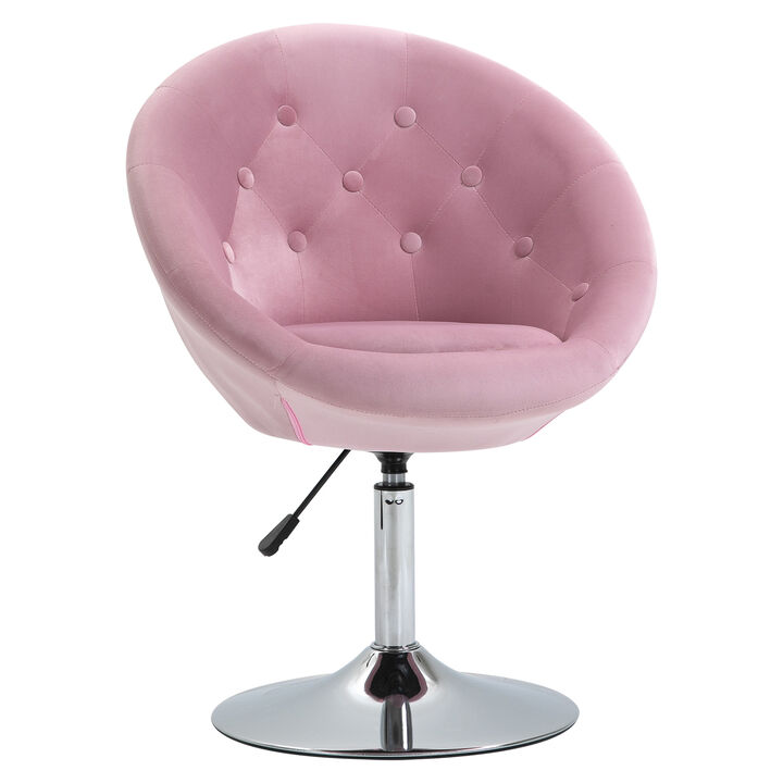 HOMCOM Modern Makeup Vanity Chair Round Tufted Swivel Accent Chair with Chrome Frame Height Adjustable for Living Room, Bedroom Pink
