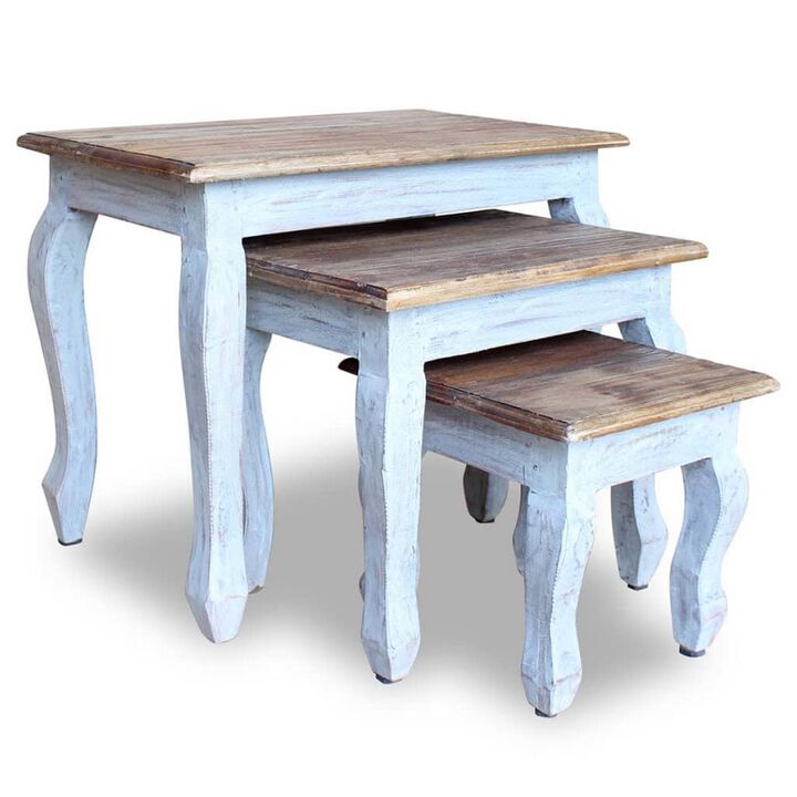 3pc Nesting End Table Set, Light Blue Turned Legs Brown Reclaimed Wood - Benzara