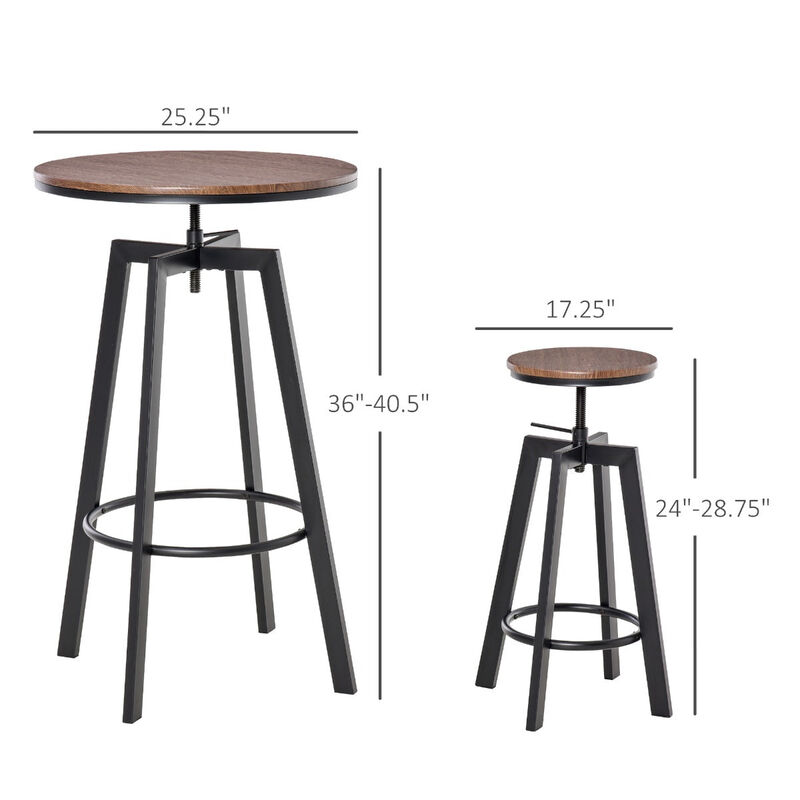 Industrial Bar Dining: 3-Piece Adjustable Height Bistro Set with Swivel Stools