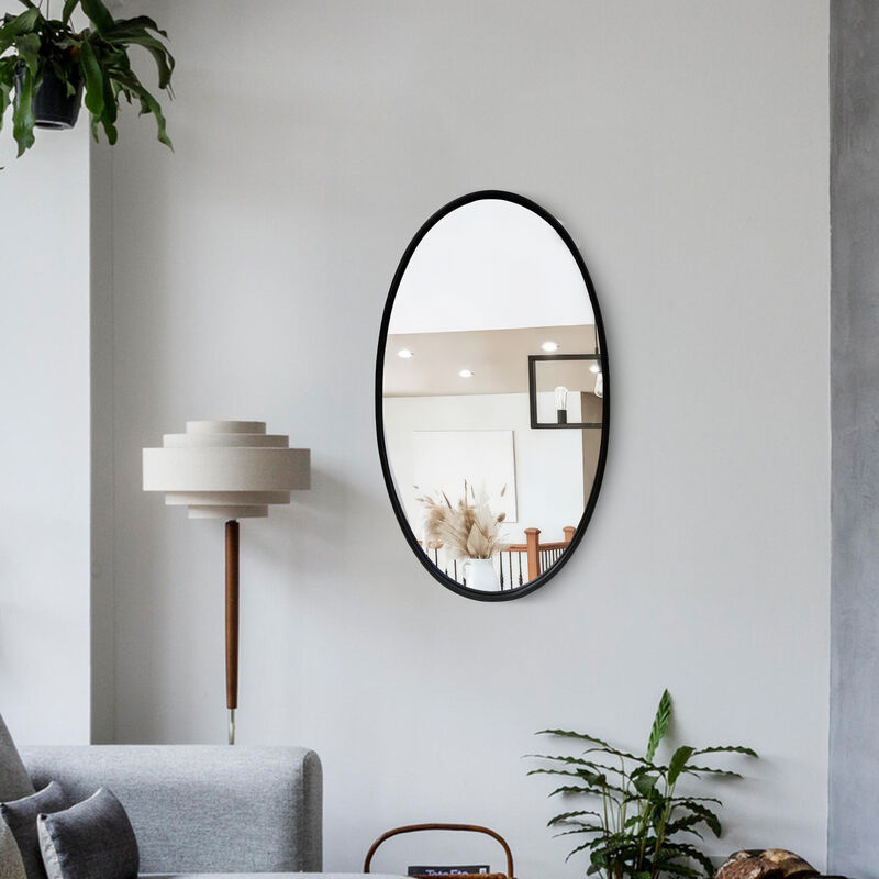 Oval Metal Wall Mirror with Framed Edges and Wooden Backing, Black-Benzara