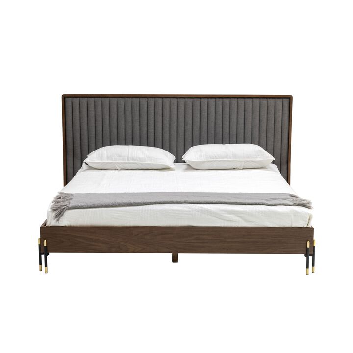 Noe Sia Queen Size Platform Bed, Channel Tufted Upholstery, Gray, Brown - Benzara