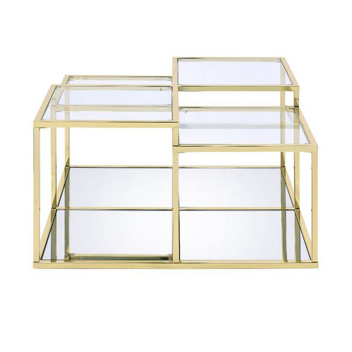 Coffee Table with Glass Top and Tubular Frame, Gold-Benzara