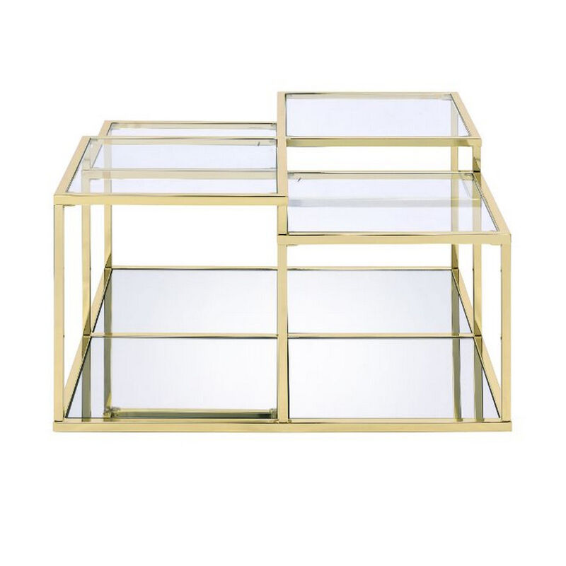 Coffee Table with Glass Top and Tubular Frame, Gold-Benzara
