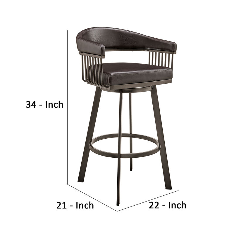 Swivel Barstool with Open Metal Frame and Slatted Arms, Brown-Benzara