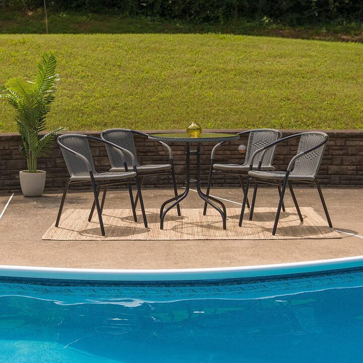 Flash Furniture Lila 28'' Round Glass Metal Table with Gray Rattan Edging and 4 Gray Rattan Stack Chairs