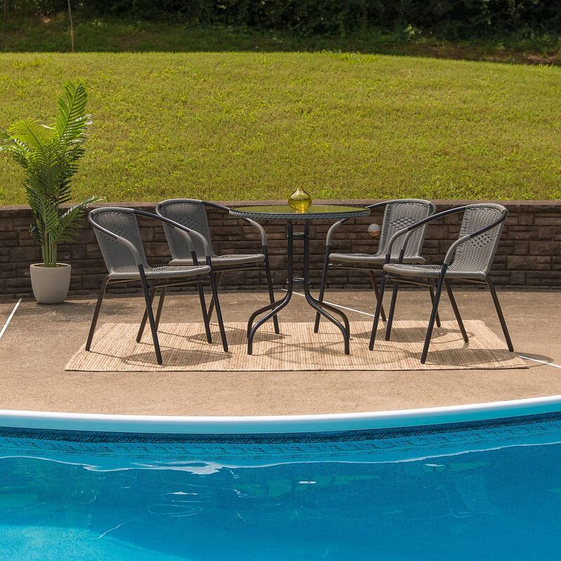 Flash Furniture Lila 28'' Round Glass Metal Table with Gray Rattan Edging and 4 Gray Rattan Stack Chairs