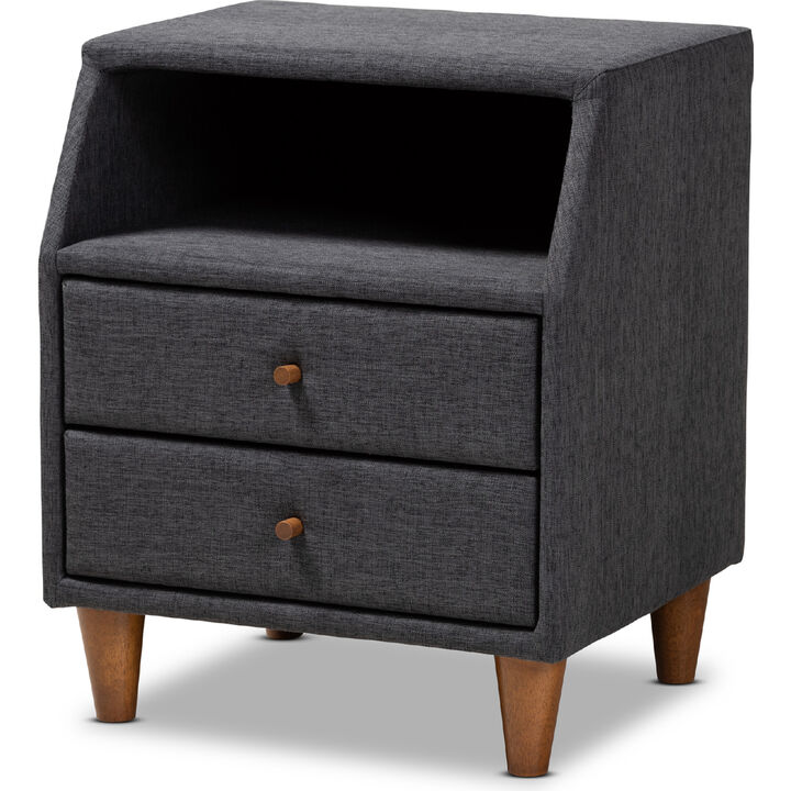 Baxton Studio Claverie Mid-Century Modern Charcoal Fabric Upholstered 2-Drawer Wood Nightstand