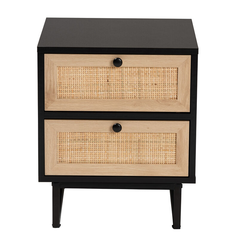 Baxton Studio Declan  Espresso Brown Finished Wood and Natural Rattan 2 Drawer End Table