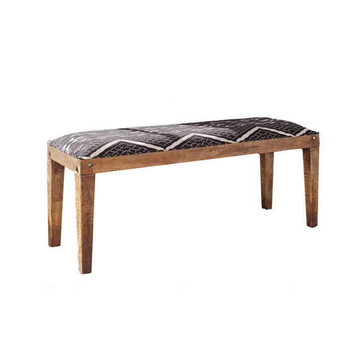 Fabric Upholstered Wooden Bench with Tapered Legs, Brown and Blue-Benzara