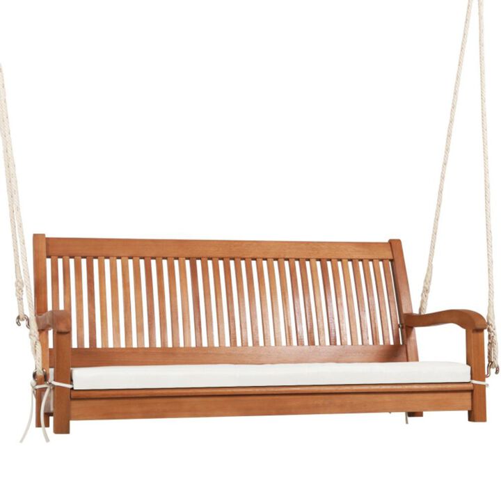 Hivvago 2-Person Hanging Porch Swing Wood Bench with Cushion Curved Back Hivvago 2-Person Hanging Porch Swing Wood Bench with Cushion Curved Back