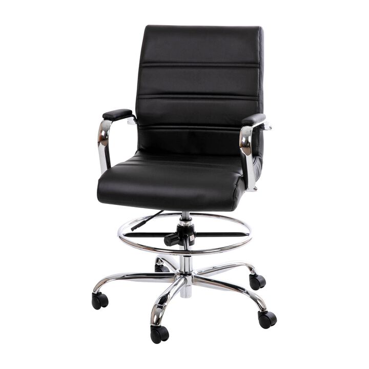 Flash Furniture Whitney Adjustable Height Drafting Chair - Contemporary Mid-Back Black LeatherSoft Drafting Stool Chair - Adjustable Foot Ring & Chrome Base