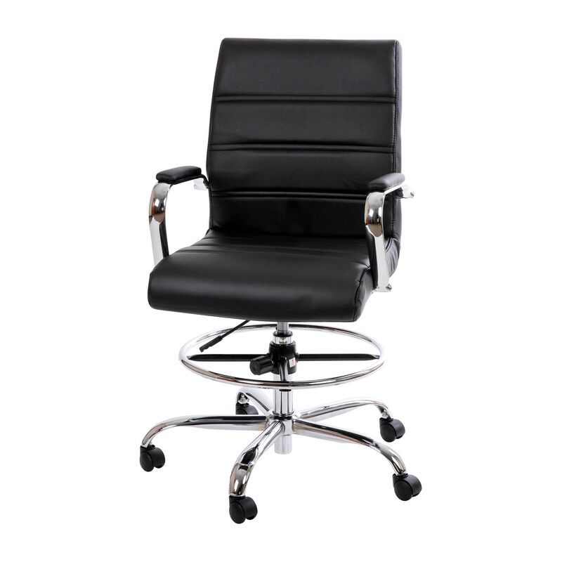Flash Furniture Whitney Adjustable Height Drafting Chair - Contemporary Mid-Back Black LeatherSoft Drafting Stool Chair - Adjustable Foot Ring & Chrome Base