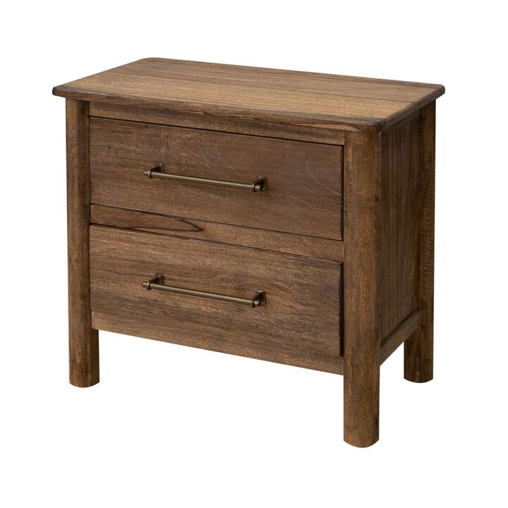 Benjara Olum 28 Inch Nightstand, 2 Drawers, Metal Handles, Solid Mango Wood, Brown and Gold
