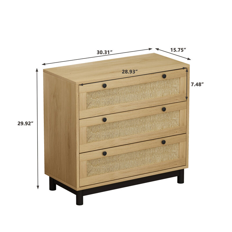 30" Oak 3-Drawer Woven Storage Cabinet for Multiple Rooms